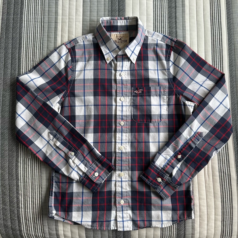 Hollister Men's Long Sleeve Shirt Blue & Red - S
